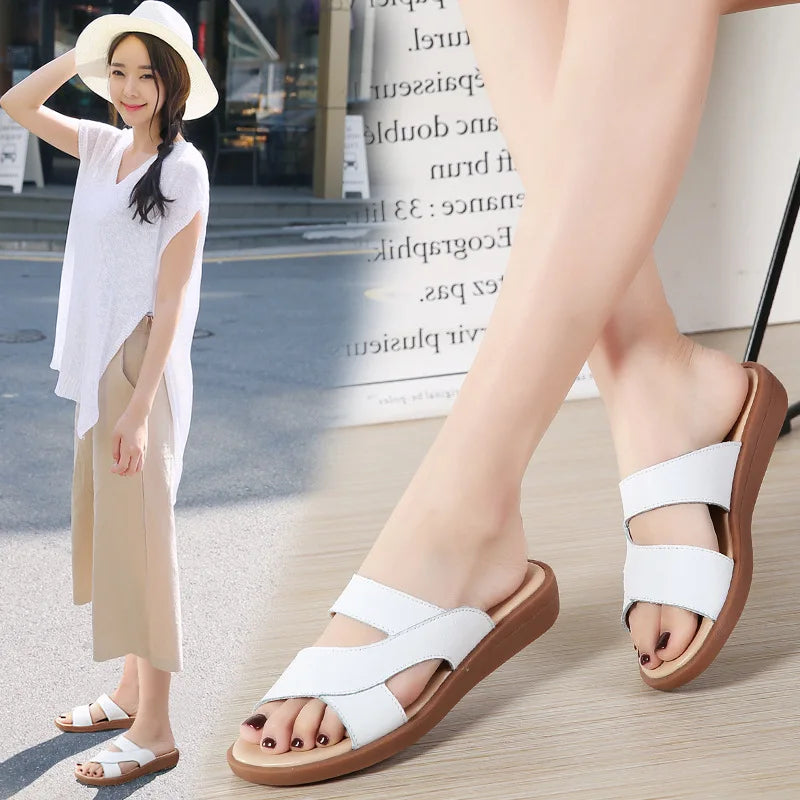 WOIZGIC New Women Old Mother Female Ladies Shoes Sandals Cow Genuine Leather Slip On Summer Beach Casual Size 35-40 YL-1802