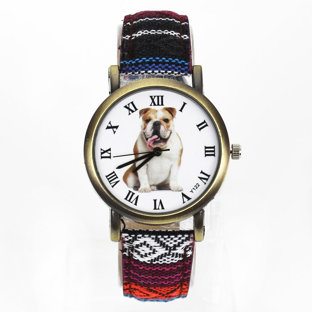 Bulldog Large Pet Dog Watch Women Men Military Camouflage Denim Canvas Belt For English French Dogs Sport Quartz Wrist Watch