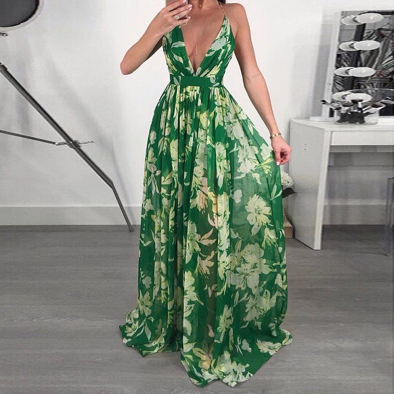 Women Dresses Summer Sexy Maxi Boho Style Print Party Dress Deep V Neck Backless Long Dress Vestidos