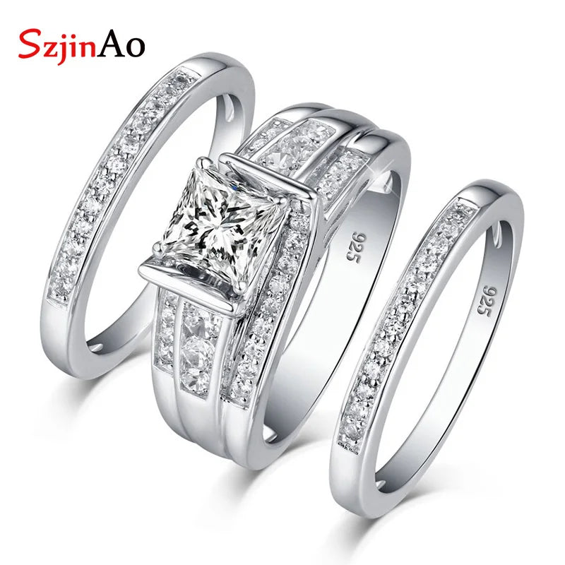 SzjinAo 3pcs Wedding Ring Set For Women Sterling Silver 925 Moissanite Diamond Luxury Jewelry For Engagement With Certificate JM