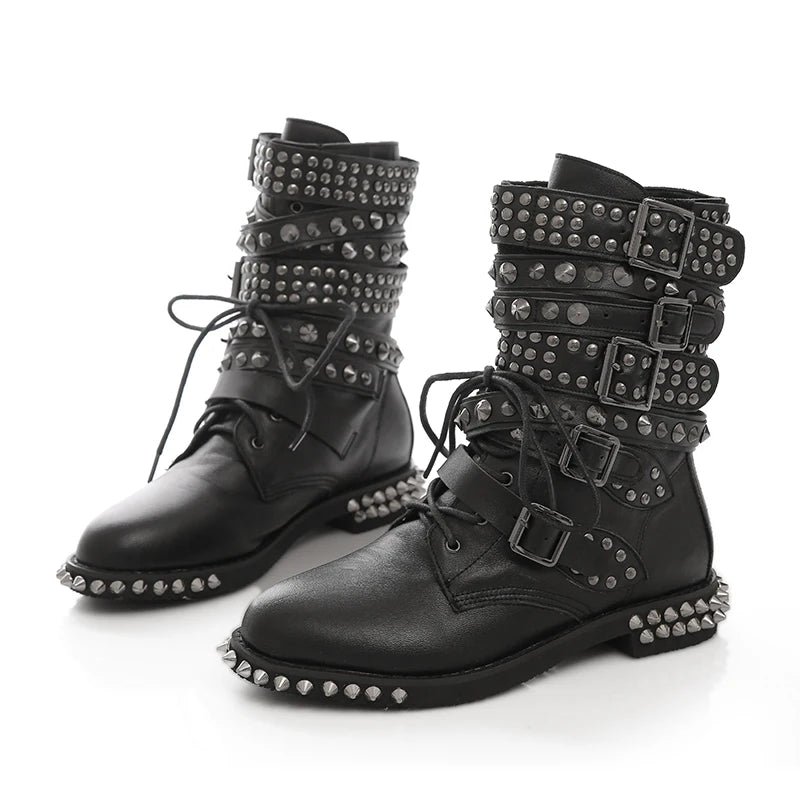 COSMAGIC 2022 New Winter Women Leather Rivet Buckle Motorcycle Boots Lace Up Gothic Punk Round Toe Platform Shoes