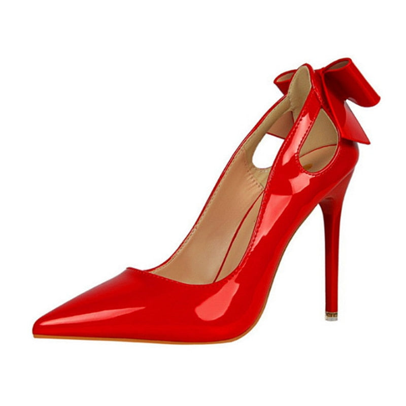 Fashion Cut-outs Bowtie Pointed Toe 10cm High Heels Solid Patent Leather Shallow Woman Party Pumps Office Ol Shoes Woman