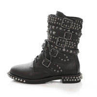 COSMAGIC 2022 New Winter Women Leather Rivet Buckle Motorcycle Boots Lace Up Gothic Punk Round Toe Platform Shoes