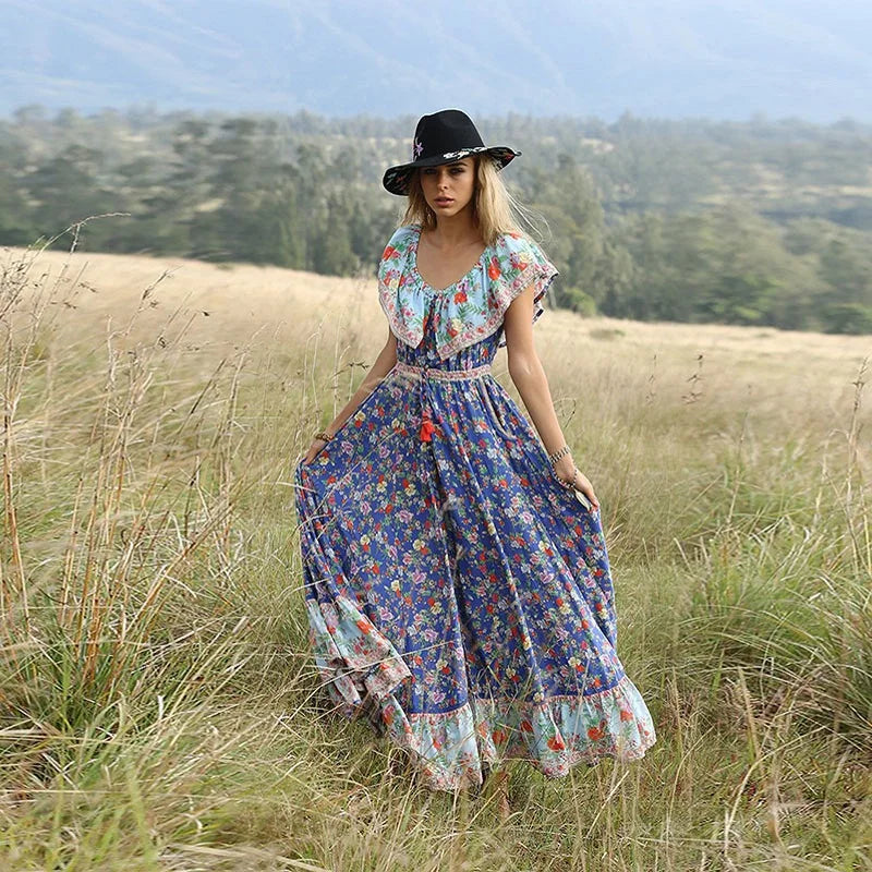 AECU 2021 Women Boho Long Dress Floral Printing Beach Maxi Dress Off Shoulder Vintage Big Pleated Dress Female Vestidos