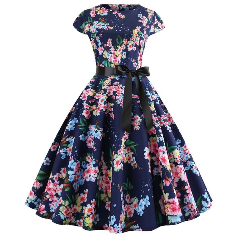 white christmas dresses Women Vintage Dress Summer Floral Print Short Sleeve Dresses 50s 60s O –  Mega Mart Center