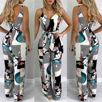 Womens Holiday Long Playsuit Fashion Floral Printed Sleeveless Backless Ladies Jumpsuit Spaghetti Strap Summer Beach Jumpsuits