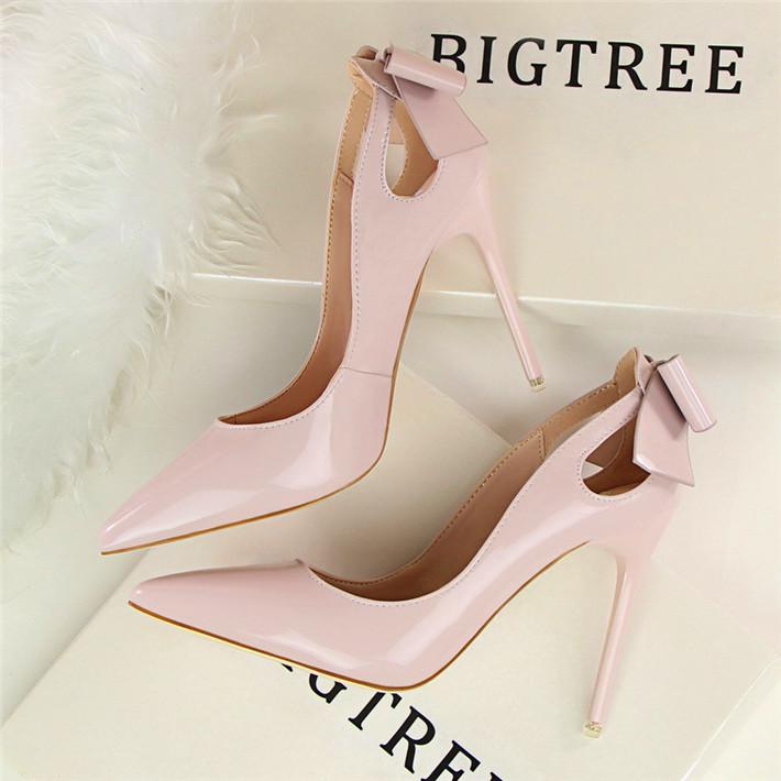 Fashion Cut-outs Bowtie Pointed Toe 10cm High Heels Solid Patent Leather Shallow Woman Party Pumps Office Ol Shoes Woman