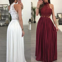 Fashion Lace Maxi Dress Ladies Backless Sexy Hollow Out Skinny Summer Boho Elegant Women Evening Party Halter Sleeveless Dress