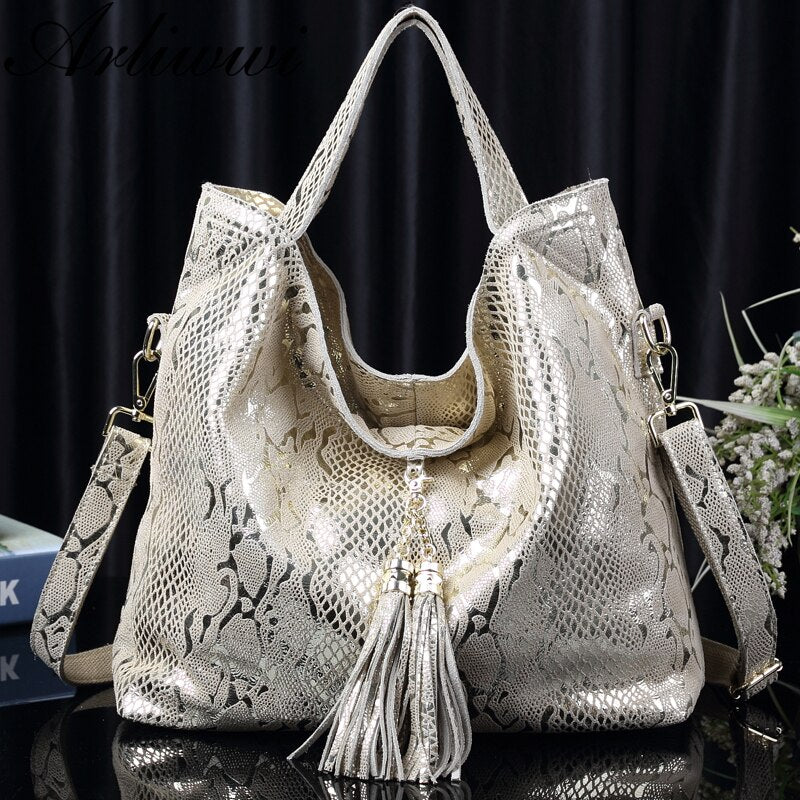 Arliwwi Brand New Quality Serpentine Grain Suede Cowhide Classical Designer Genuine Leather Handbags With Elegant Tassel GB01