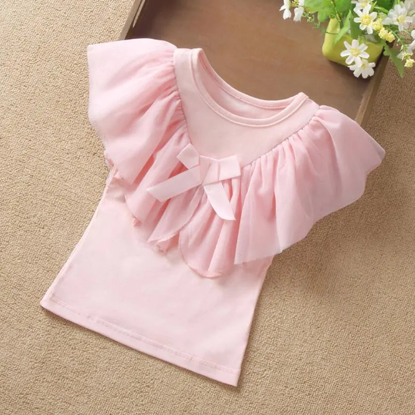 Summer Girls Blouse Kids Shirts Short Sleeve White Yellow Ruffles School Girl Tops Baby Toddler Teen Children's Clothing JW3824A