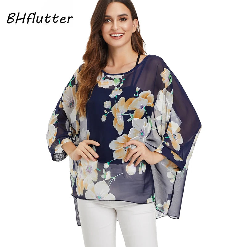 BHflutter White Blouse Shirt Women Fashion Batwing Casual Summer Tops Tees Ladies Print Chiffon Blouses Streetwear Plus Size