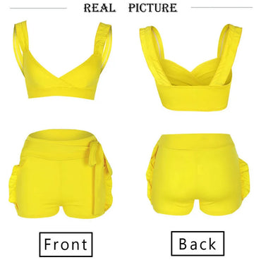 Two Piece Set 2019 Summer women crop tops High Waist Shorts 2pcs Ruffles Bow outfits Ladies Yellow Slim matching Clothes sets