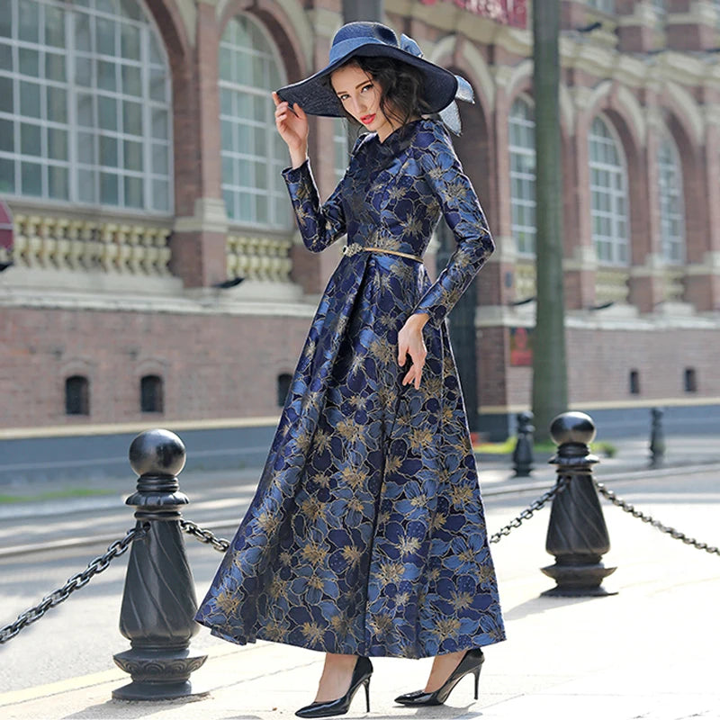 Good Quality Elegant Women Long Sleeve Maxi Dress Floral Jacquard Fall V Neck Lady Autumn Winter Party Fashion Formal Vestidos