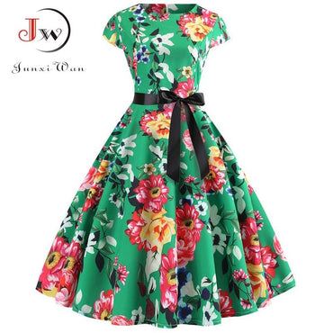 Women Vintage Dress Summer Floral Print Short Sleeve Dresses 50s 60s Office Party Rockabilly Swing Retro Pinup Plus Size