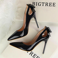 Fashion Cut-outs Bowtie Pointed Toe 10cm High Heels Solid Patent Leather Shallow Woman Party Pumps Office Ol Shoes Woman