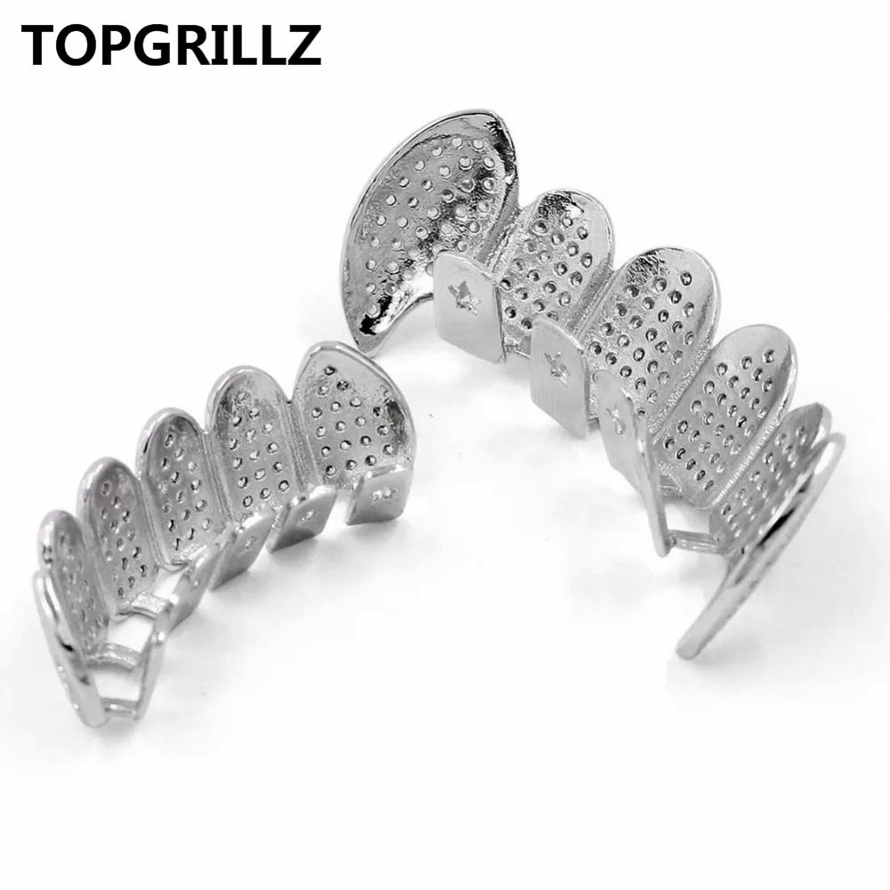 TOPGRILLZ New Fit Silver Plated CZ Micro Pave Top & Bottom GRILL SET Rhodium Teeth Grills Vampire Tooth Grillz