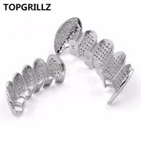 TOPGRILLZ New Fit Silver Plated CZ Micro Pave Top & Bottom GRILL SET Rhodium Teeth Grills Vampire Tooth Grillz