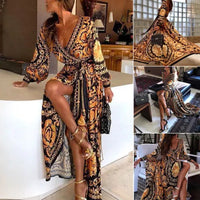 Hot sale sexy spring autumn Women Floral Print Long Sleeve Boho V-Neck Dress Vintage Holiday Maxi Dress New Vestidos S-XL