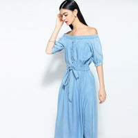 2023 new summer casual slim dress women elegant slash neck half sleeve denim dresses vestidos de verano women clothes 2019