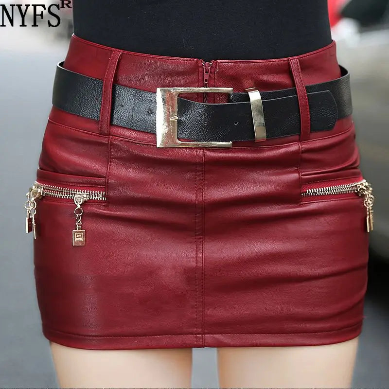 NYFS 2023 New Style Spring Autumn Winter Women Slim PU Leather skirt Hip faldas S-XL Size(Send Belt)