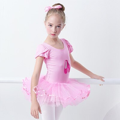 Pink Ballet Dress for Girls Kids Tutu Sequin Dance Wear Child Short Sleeve Princess Puffy Dress Dance Costumes