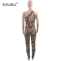 Leopard Print Women Sexy Jumpsuit Irregular One Shoulder Sleeveless Skinny Pants Romper High Stretchy Night Club Overalls