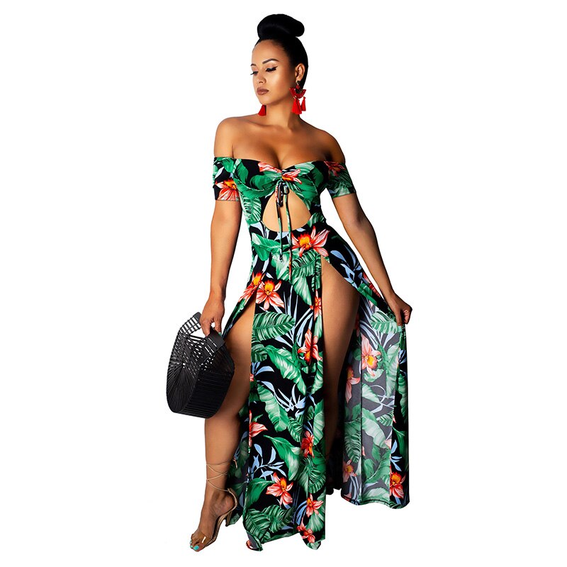 2019 Sexy Print Slit Women Maxi Dresses Summer Strapless Long Dress