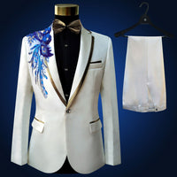 Wedding Groom Tuxedos Suit Men Fashion Blue Paillette Embroidered Male Singer Performance Party Prom Blazer Suit Costume 4 Piece