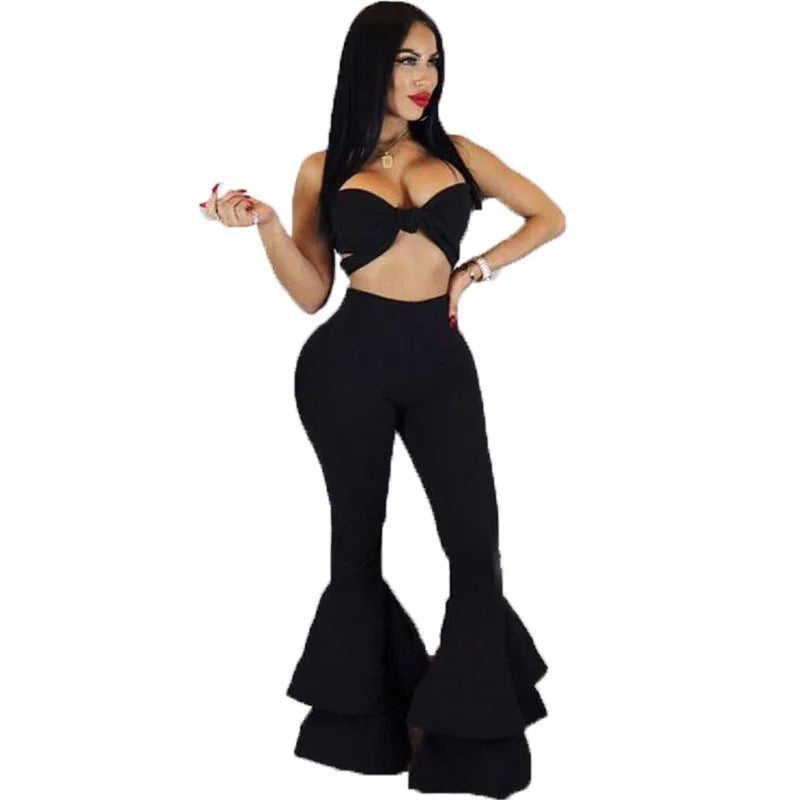 Easy Chic Vintage Ruffles Trousers Women High Waist Hippie Slim Gypsy Bell Bottom Pants Female Flare Palazzo Fashion Streetwear
