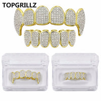 TOPGRILLZ New Fit Silver Plated CZ Micro Pave Top & Bottom GRILL SET Rhodium Teeth Grills Vampire Tooth Grillz