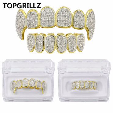 TOPGRILLZ New Fit Silver Plated CZ Micro Pave Top & Bottom GRILL SET Rhodium Teeth Grills Vampire Tooth Grillz