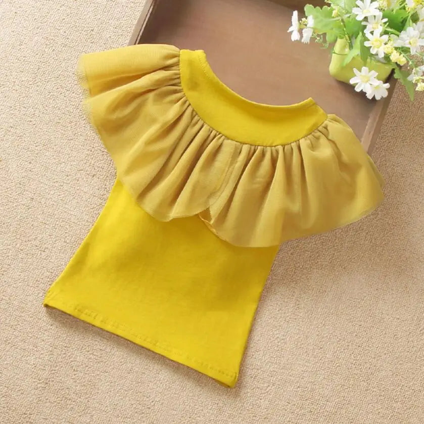 Summer Girls Blouse Kids Shirts Short Sleeve White Yellow Ruffles School Girl Tops Baby Toddler Teen Children's Clothing JW3824A