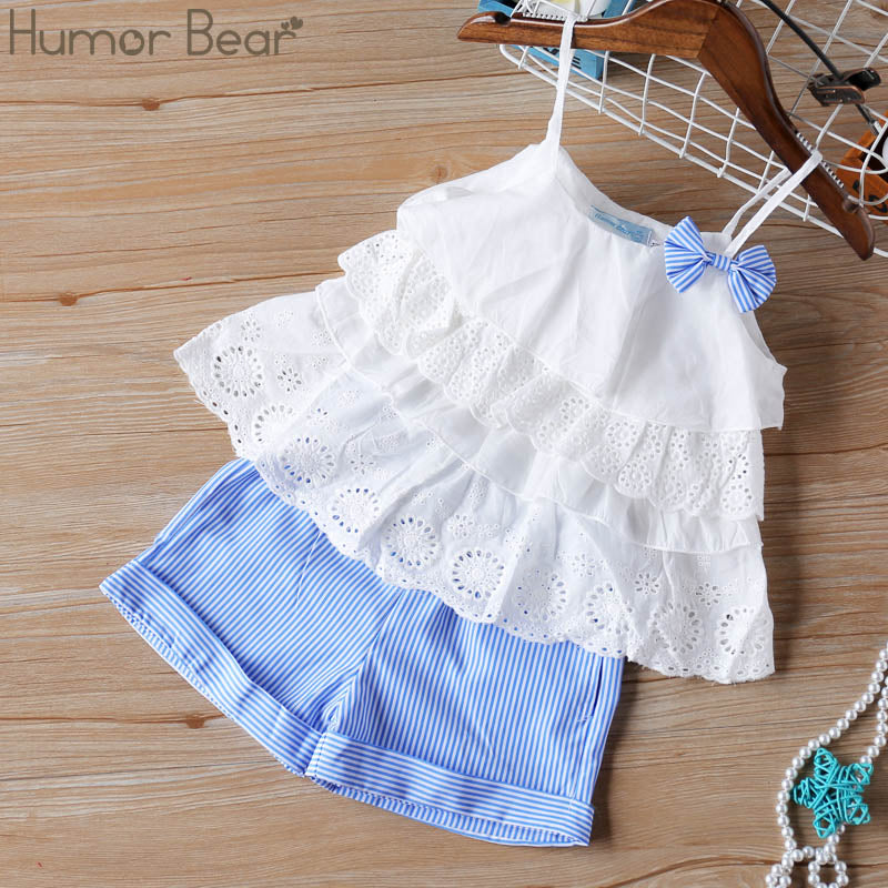 Humor Bear  Summer New Grils Clothes Korean Dot Girl Big Bow T-shirt+ Shorts Children Clothing Set Kids Girls Clothes Suit