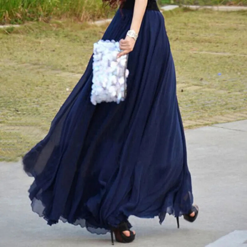 Fashion Women Chiffon Long Skirts High Waist Floor Length Ruffles White Summer Boho Maxi Skirt Saia Longa Faldas