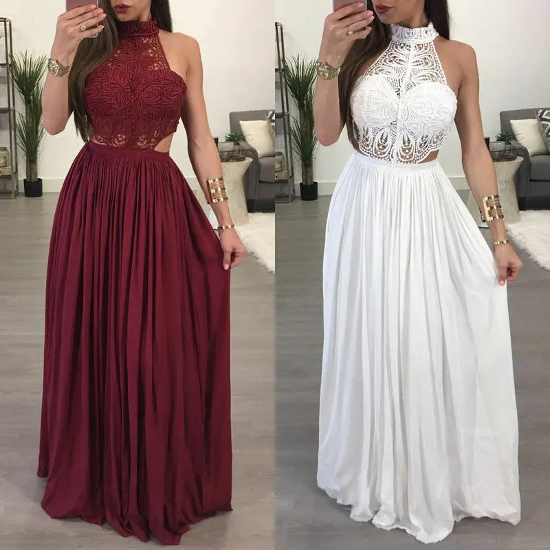 Fashion Lace Maxi Dress Ladies Backless Sexy Hollow Out Skinny Summer Boho Elegant Women Evening Party Halter Sleeveless Dress