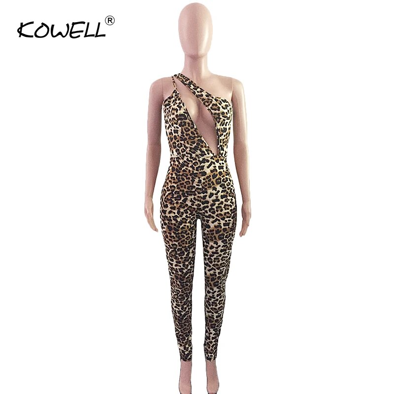 Leopard Print Women Sexy Jumpsuit Irregular One Shoulder Sleeveless Skinny Pants Romper High Stretchy Night Club Overalls