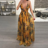 Women Dresses Summer Sexy Maxi Boho Style Print Party Dress Deep V Neck Backless Long Dress Vestidos