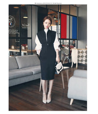 Autumn 2 Pieces Suit Dress Women Sets Full Flare Sleeve Ruffles White Blouse Top High Waist Slim Bodycon Pencil Midi Office Work