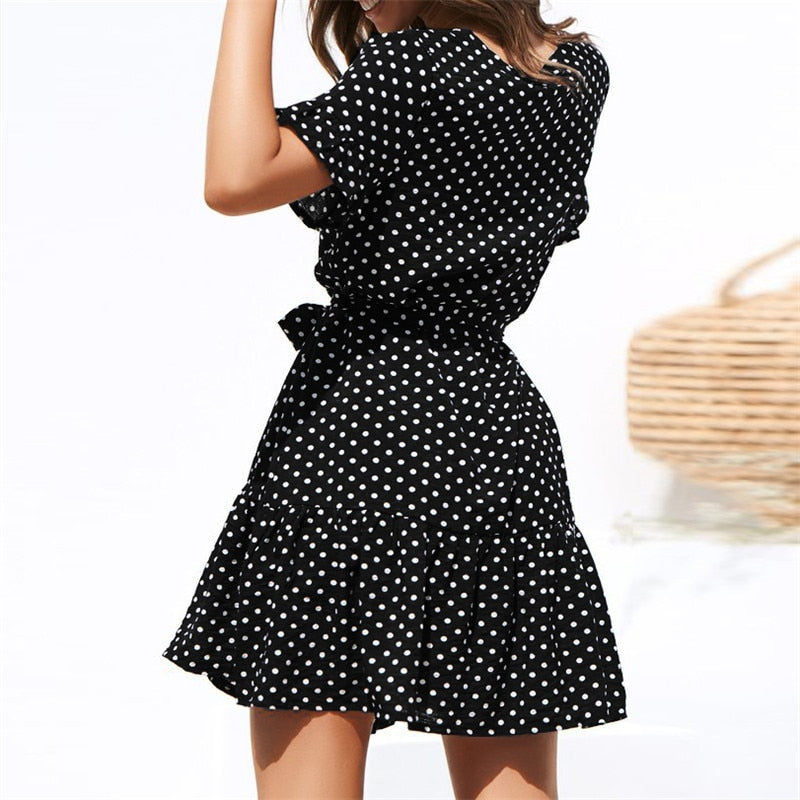 Aachoae Sexy Women Summer Beach Dress Casual Short Sleeve Polka Dot Dress