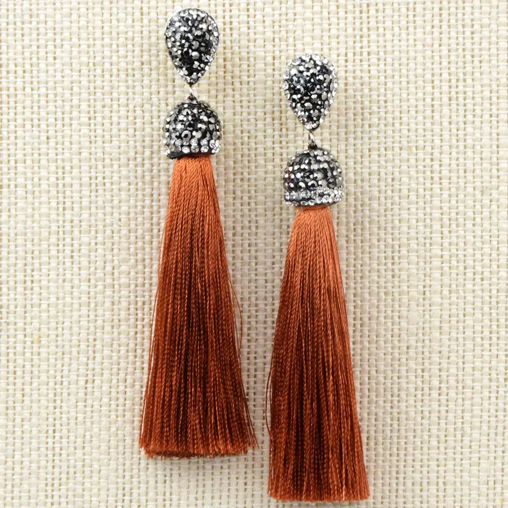 Fashion 12Colors Long Tassel Earrings Handmade Bohemian Unusual Silk Crystal Dangle Drop Hanging Earrings For Women Jewelry Gift