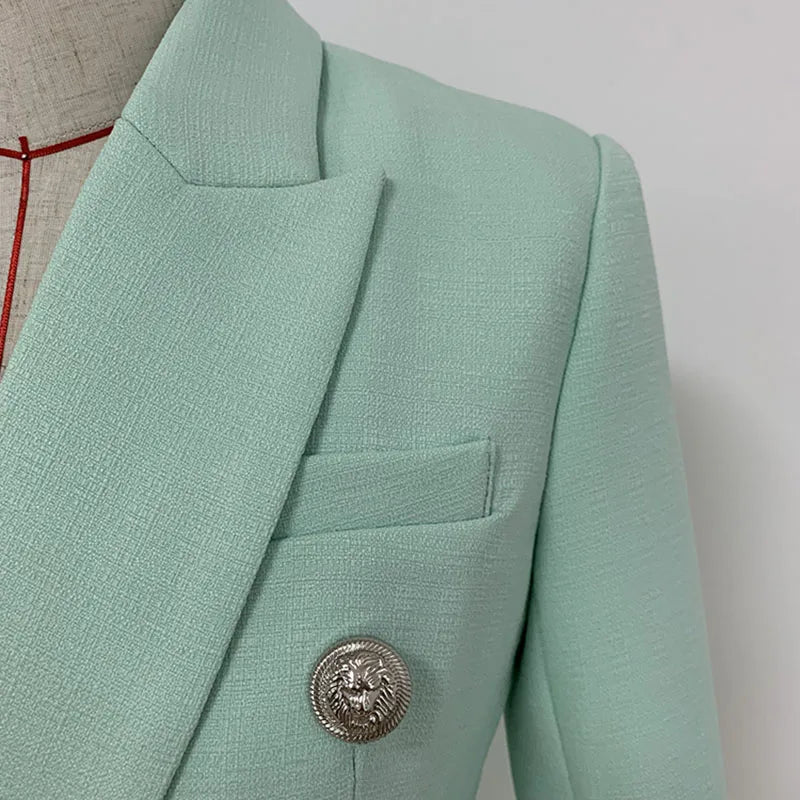 HIGH STREET 2024 Classic Baroque Designer Jacket Women's Metal Lion Buttons Double Breasted Textured Blazer Mint Green