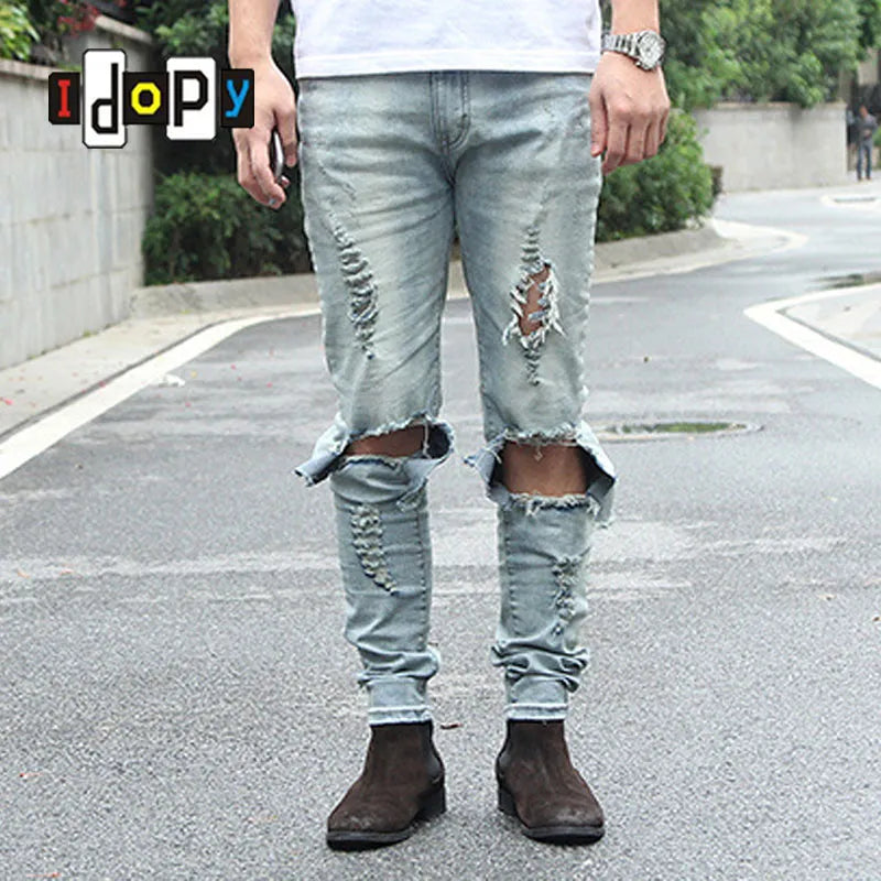 Idopy Cool Mens Hip Hop Skinny Pencil Denim Pants Destroyed Distressed Ripped Jeans With Holes For Male