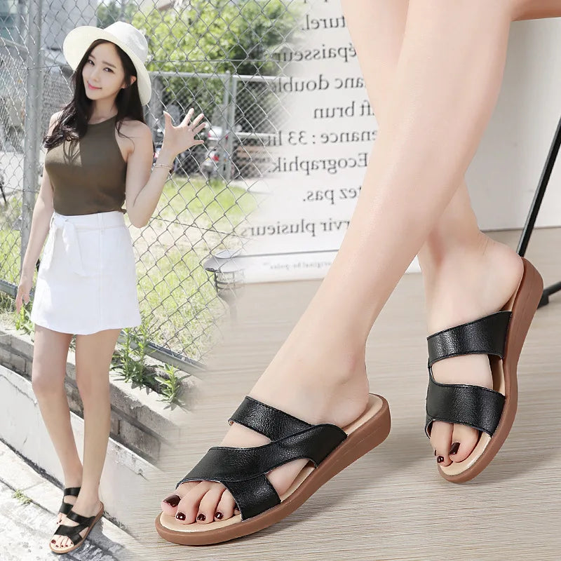 WOIZGIC New Women Old Mother Female Ladies Shoes Sandals Cow Genuine Leather Slip On Summer Beach Casual Size 35-40 YL-1802