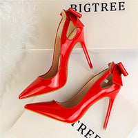 Fashion Cut-outs Bowtie Pointed Toe 10cm High Heels Solid Patent Leather Shallow Woman Party Pumps Office Ol Shoes Woman