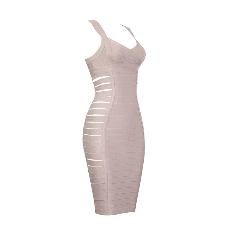 2018 New Fashion Beige Nude Sexy V Neck Side Hollow Out Mini Party Celebrity Women Wholesale Bandage Dress