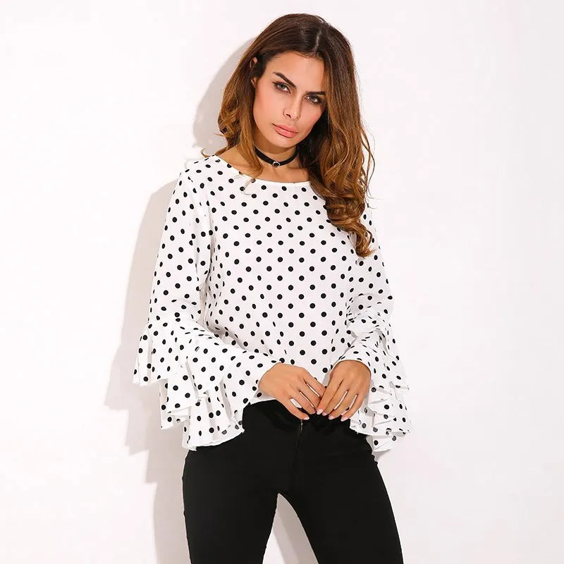 Polka Dot Shirts Women Retro Summer Blouse Ruffles Long Sleeve Casual Chiffon Ladies Tops 2023 Fashion Clothing Blusas S-5XL