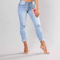 Stretch Embroidered Jeans For Women Elastic Flower Jeans Female Slim Denim Pants Hole Ripped Rose Pattern Jeans Pantalon Femme