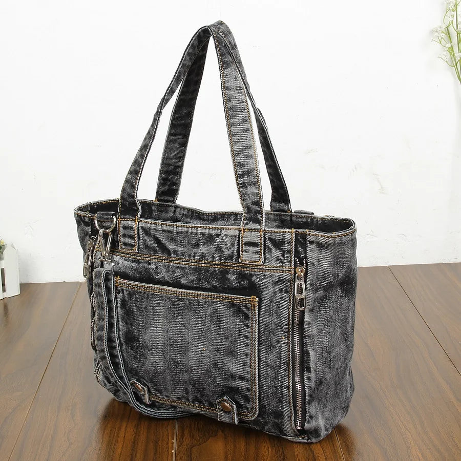 Casual Fashion Zipper Trendy Design Denim-wash Vintage Women Tote Bags Lady Handbags Jeans Denim Shoulder Bag Messenger bags