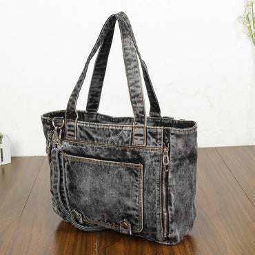 Casual Fashion Zipper Trendy Design Denim-wash Vintage Women Tote Bags Lady Handbags Jeans Denim Shoulder Bag Messenger bags