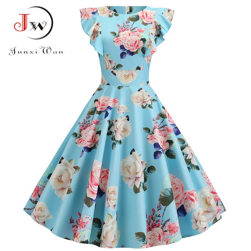 Women Summer Dress Retro 50s 60s Robe Femme Rockabilly Pinup Party Vestidos Casual Elegant Floral Office Dress